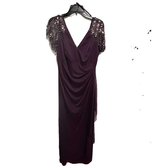 Xscape Lace-Sleeve Chiffon Gown Dress plum purple size 10 - Picture 1 of 4